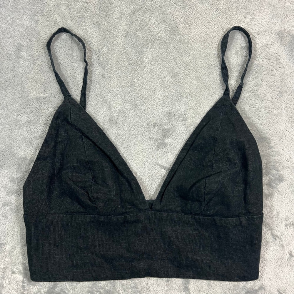 Banana Republic 100 Linen Bra Crop Top Womens 4 Black V-Neck Smocked Bralette